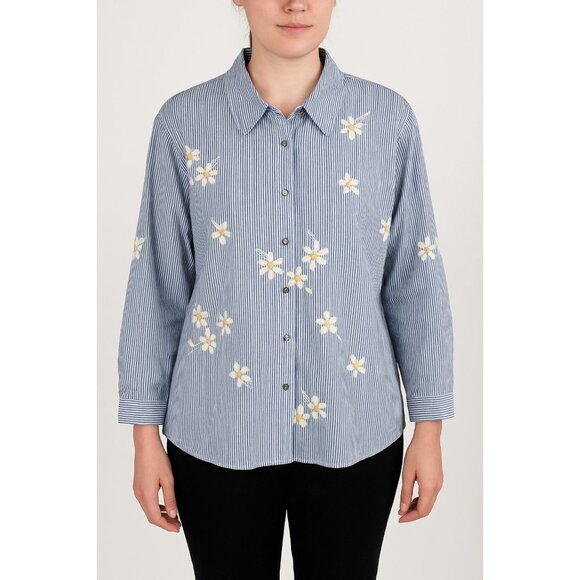Alfred Dunner Women’s Size L Blue Striped Button-Front Shirt with Embroidered Da - Picture 6 of 6